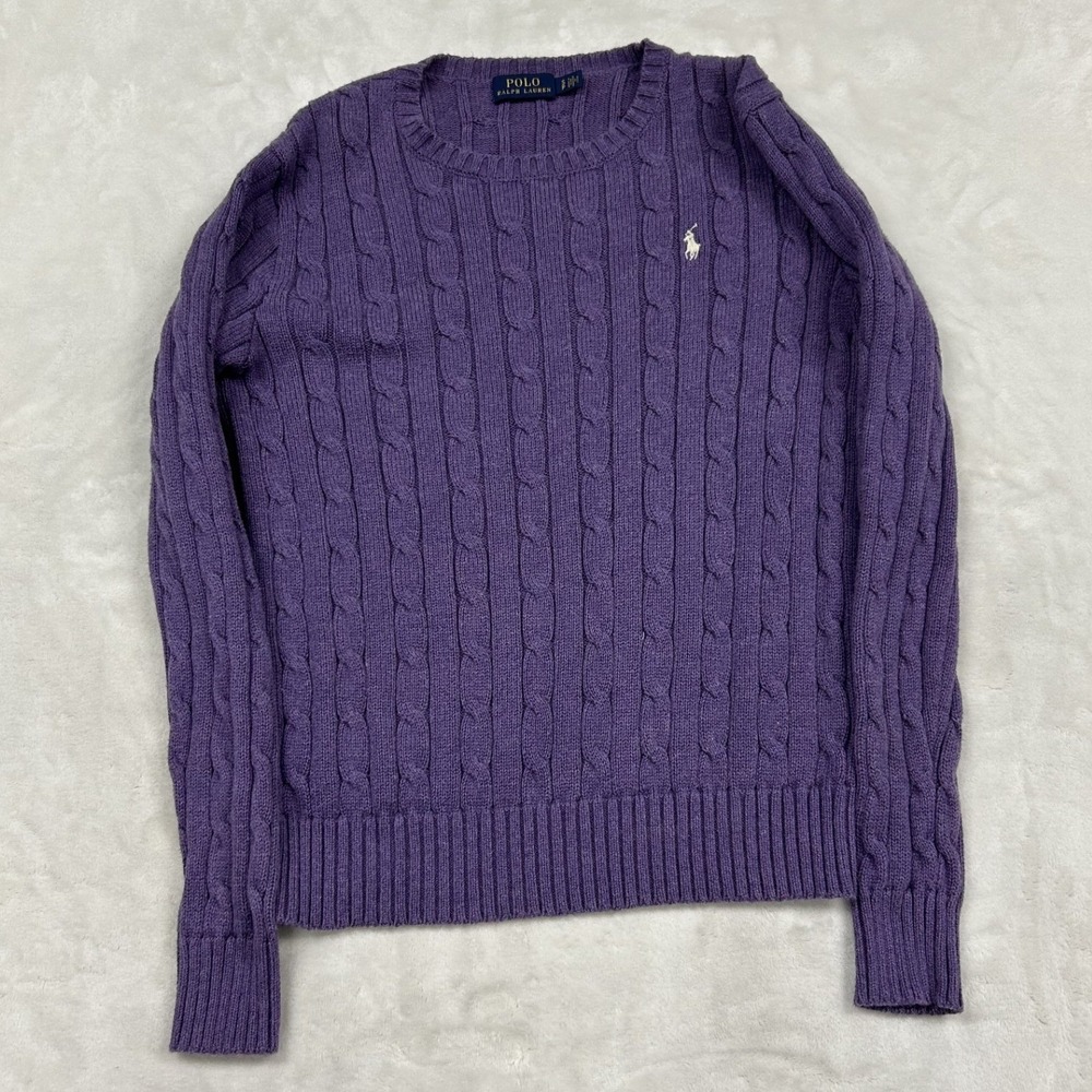 Polo Ralph Lauren Cable Knit Sweater Womens Small Purple Cotton Pony Logo